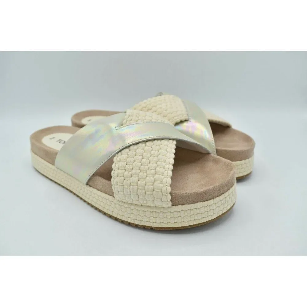 Toms Womens Size 9 Silver Iridescent Leather Woven Trim Paloma Platform Slide‎